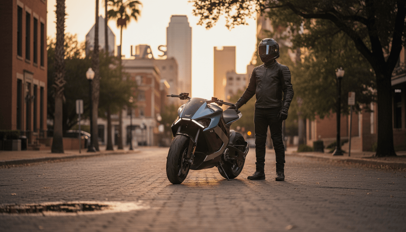 Electric motorcycle parked on a quiet Dallas street at golden hour