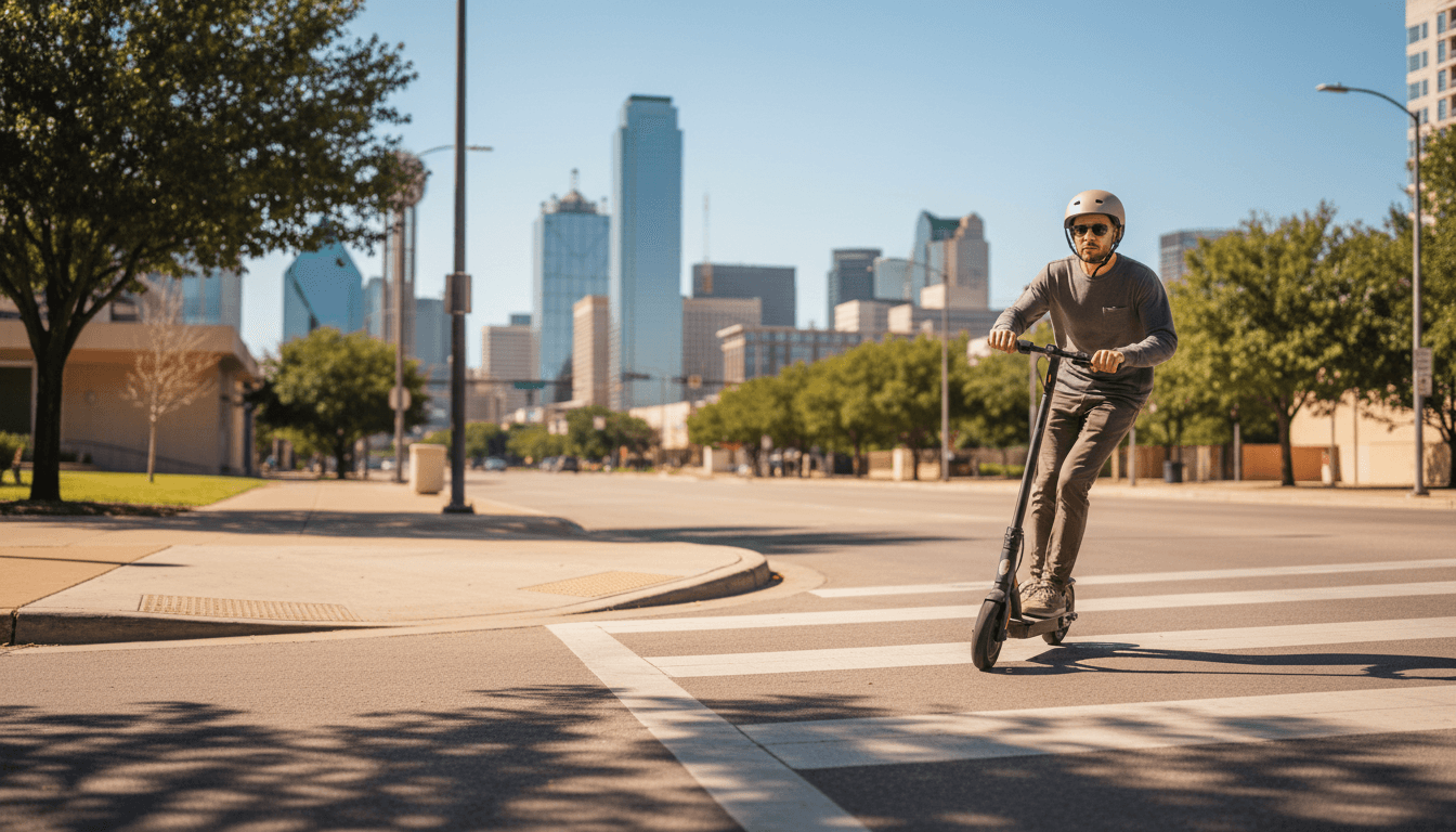 Person riding an electric scooter down a sunny Dallas street with downtown buildings in the background