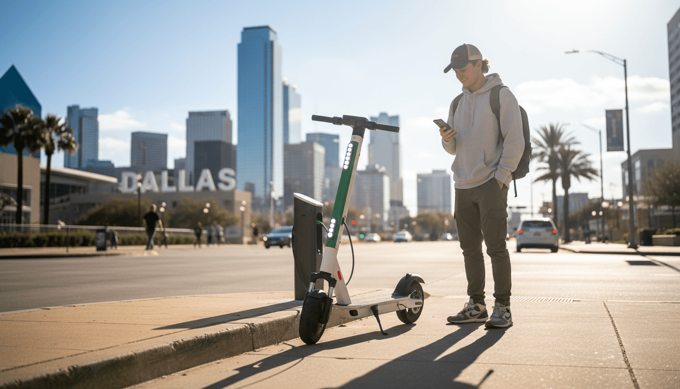 Electric scooter parked on a Dallas street at golden hour