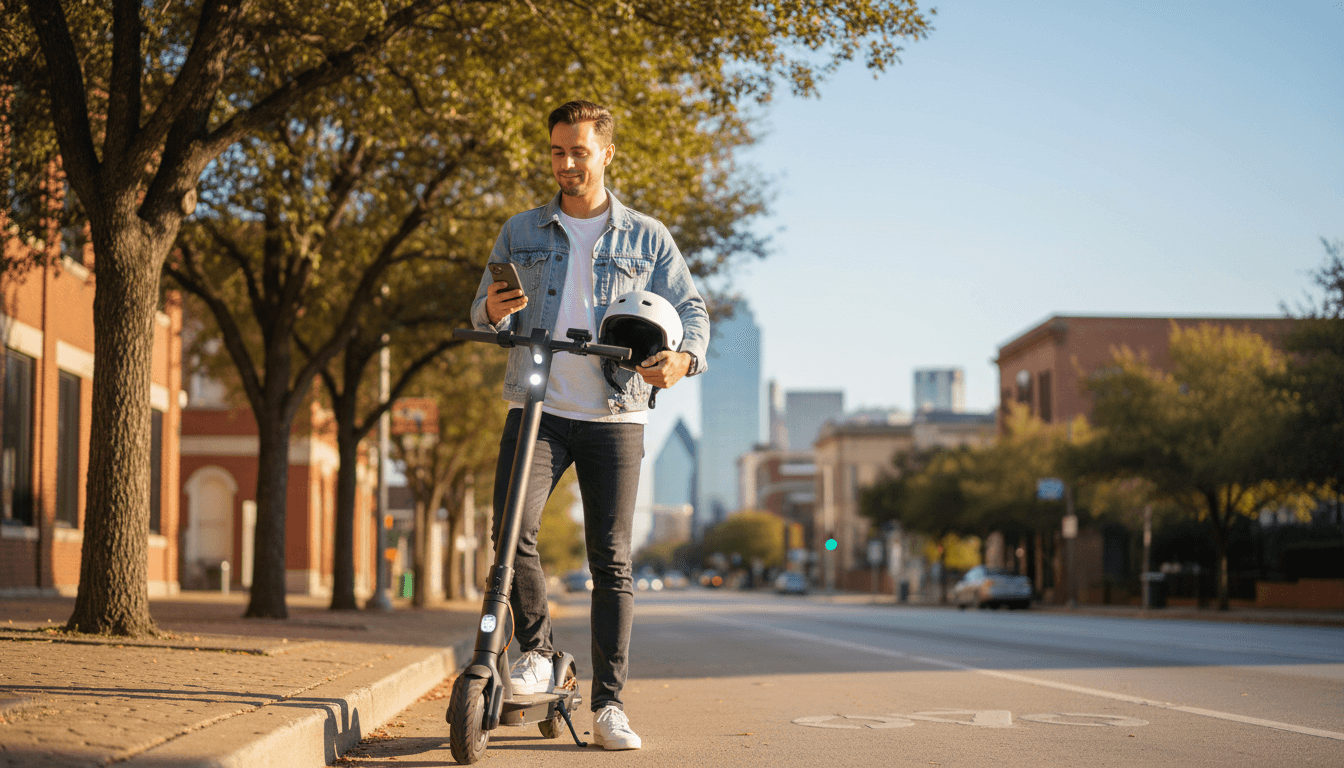 Rider leaning against an electric scooter on a sunny Dallas street