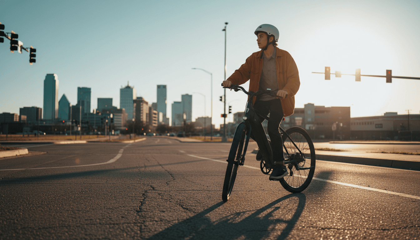 E-bike rider pausing at a Dallas intersection in warm late-afternoon light