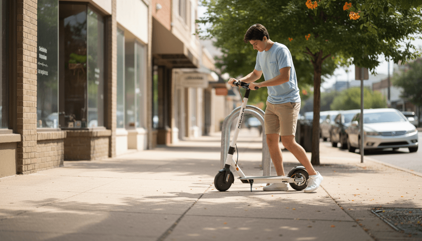 Rider parking an electric scooter on a sunny Dallas sidewalk