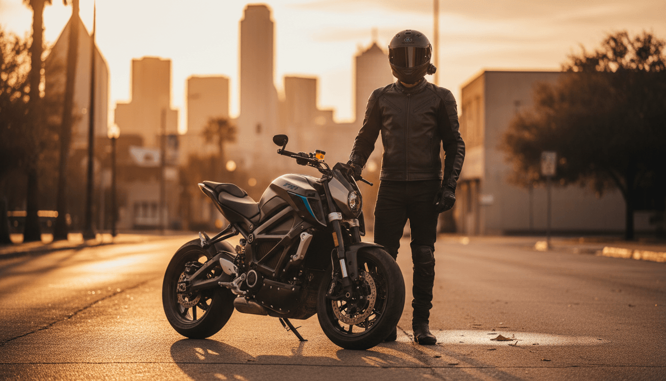 Electric motorcycle rider standing beside the bike on a Dallas street