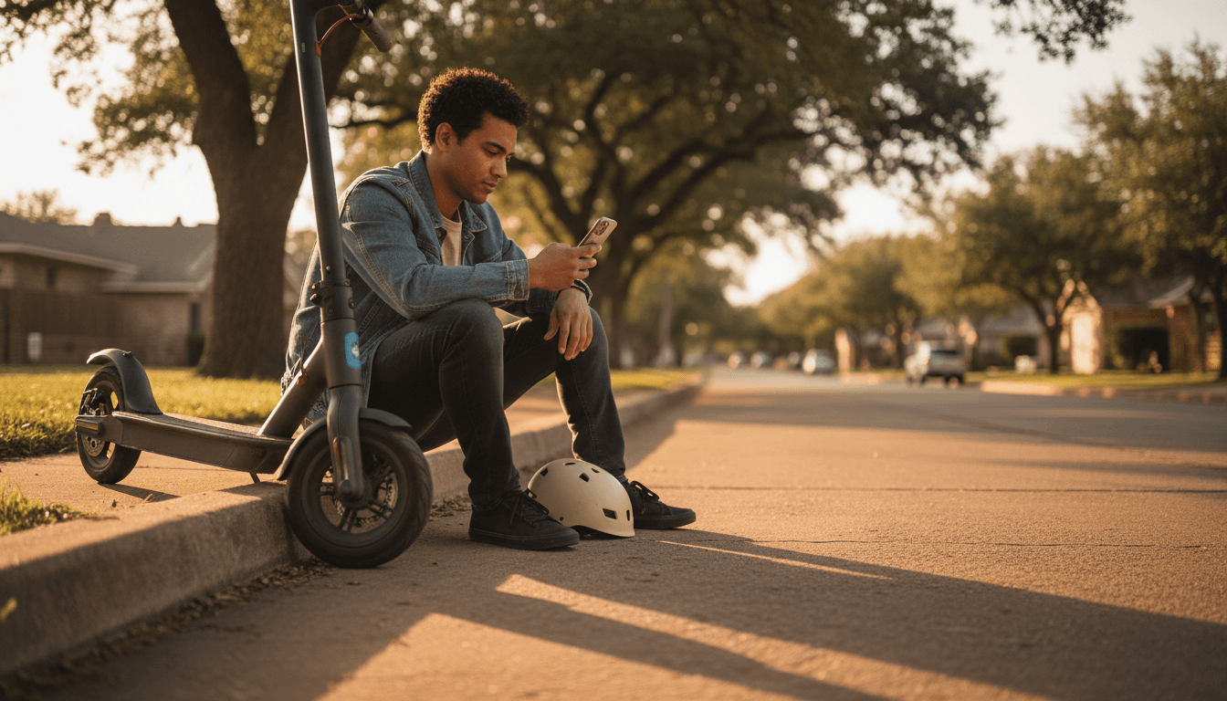 Rider on an electric scooter checking their phone at golden hour on a Dallas street