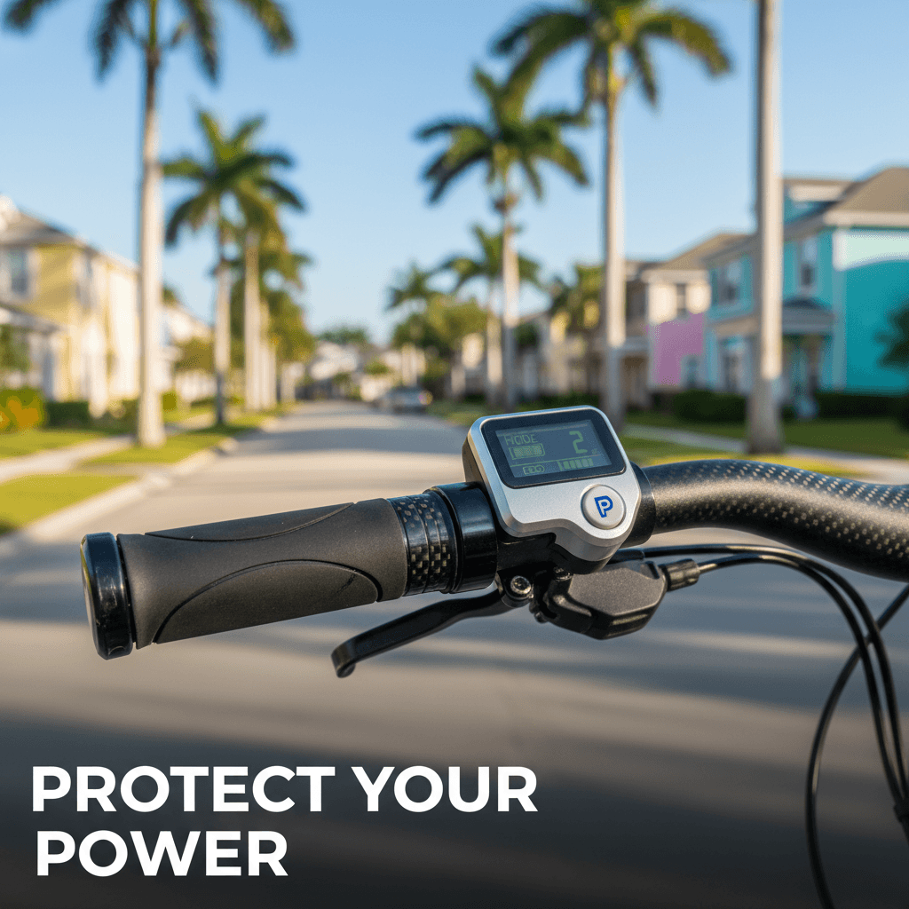 Close-up of a Class 2 e-bike throttle grip parked in a sunny Florida neighborhood
