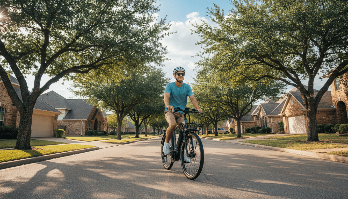 Rider on an electric bike on a sunny Dallas street