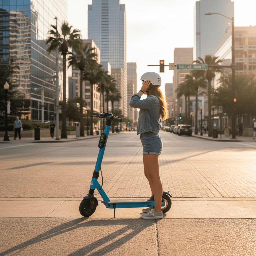 Rider in a helmet standing next to an electric scooter on a sunny street