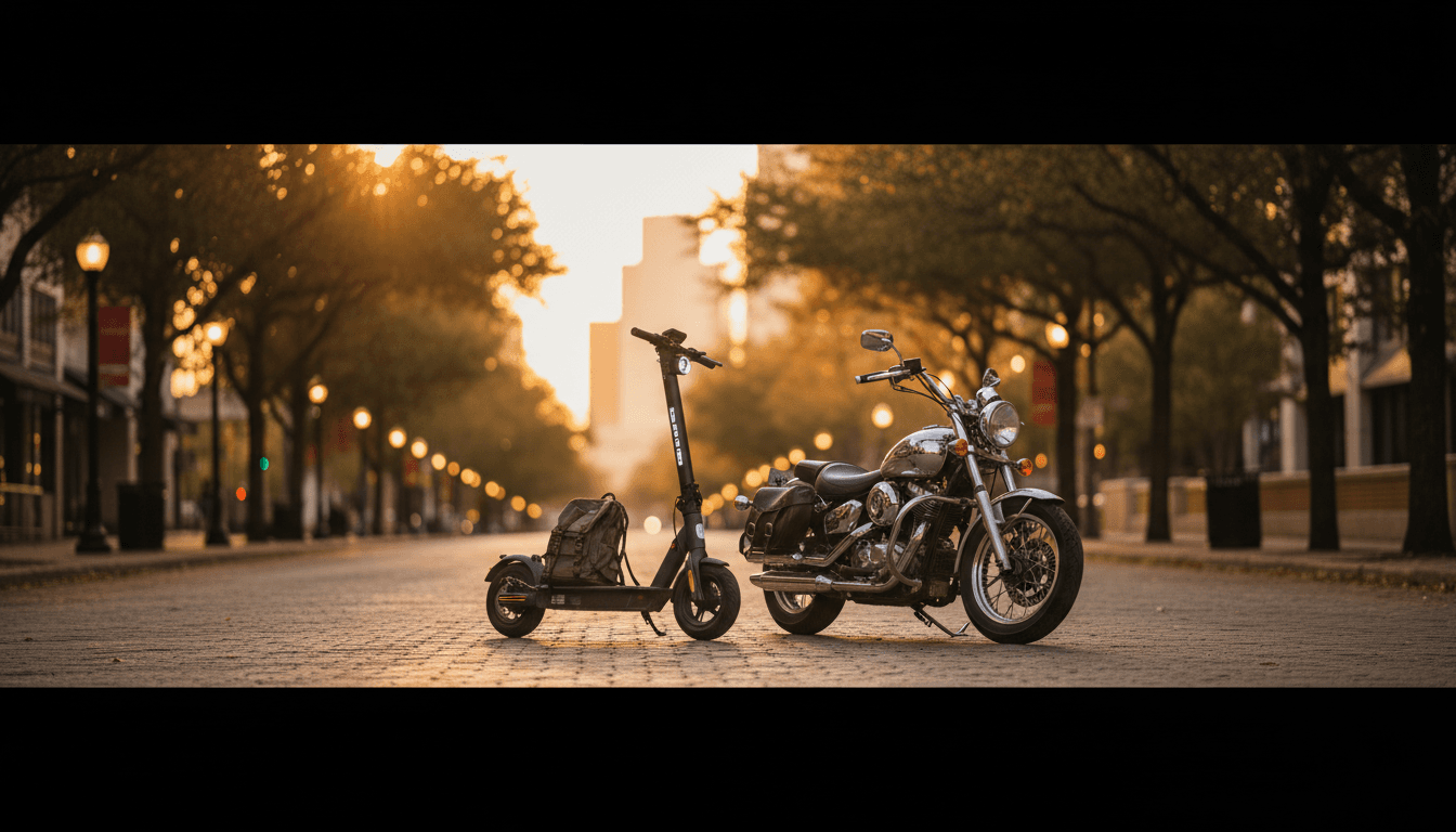 Electric scooter and motorcycle parked on a peaceful Dallas street at dusk