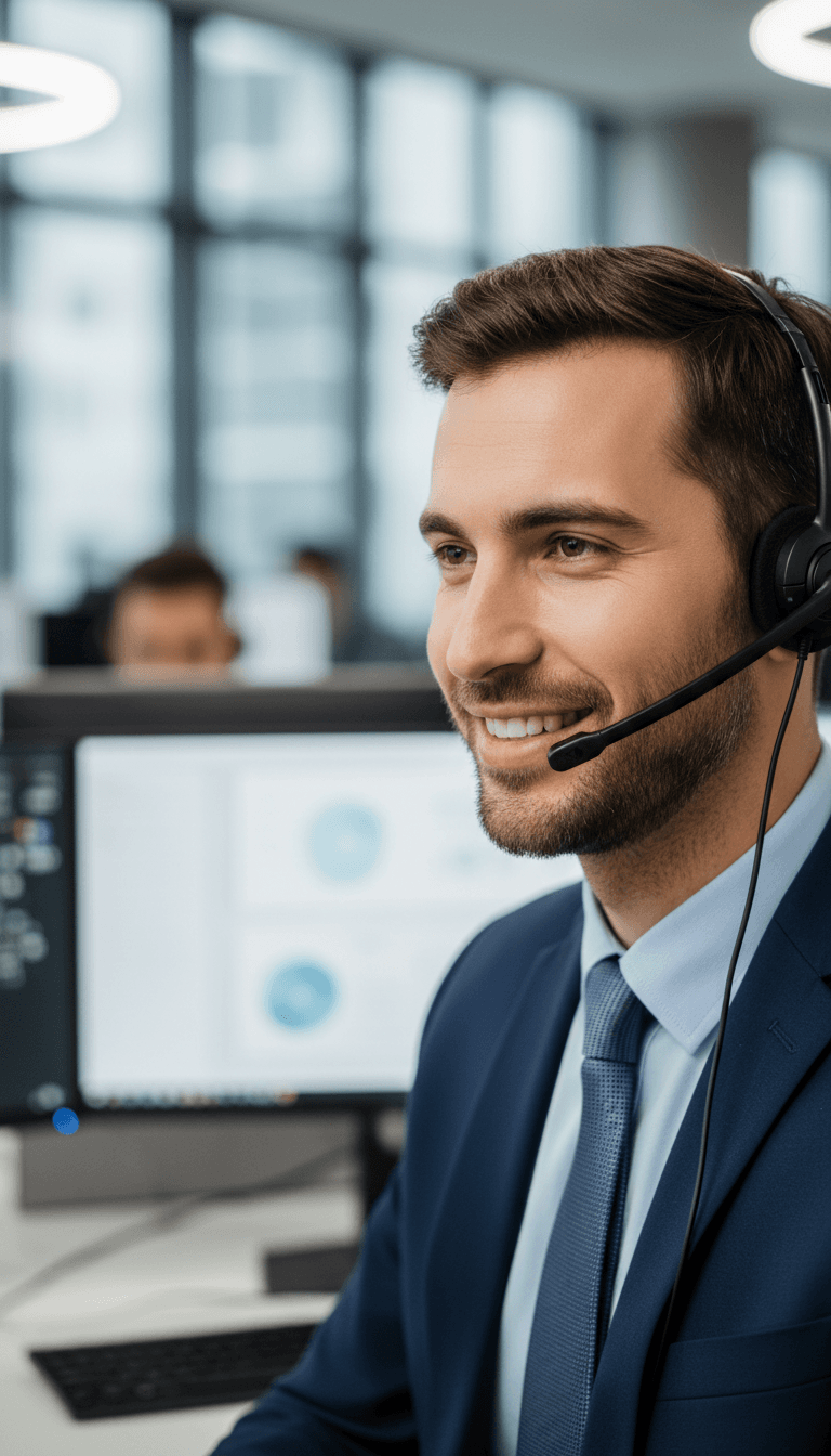 Male insurance customer service representative wearing headset at workstation in modern office