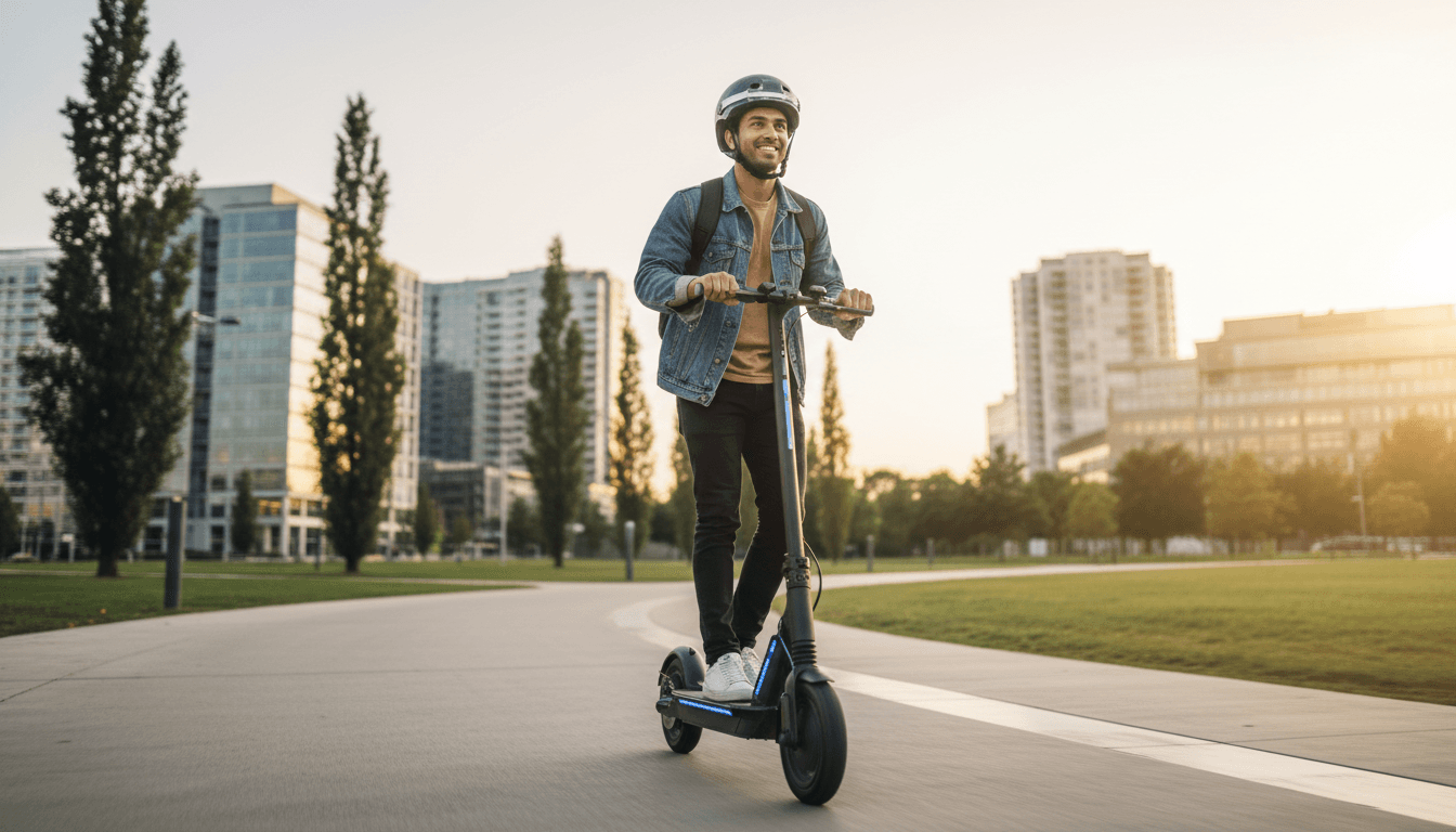 Rider on an electric scooter moving through a city street